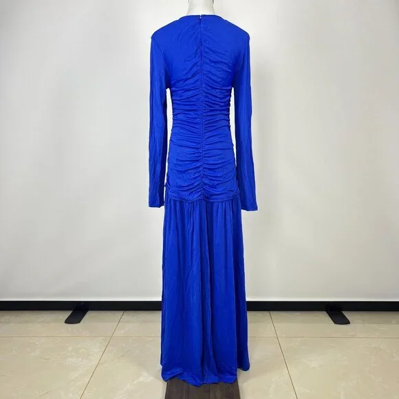 NWOT Farm Rio V Neckline Ruched Blue Maxi Dress Long Sleeves Size M - Picture 7 of 12